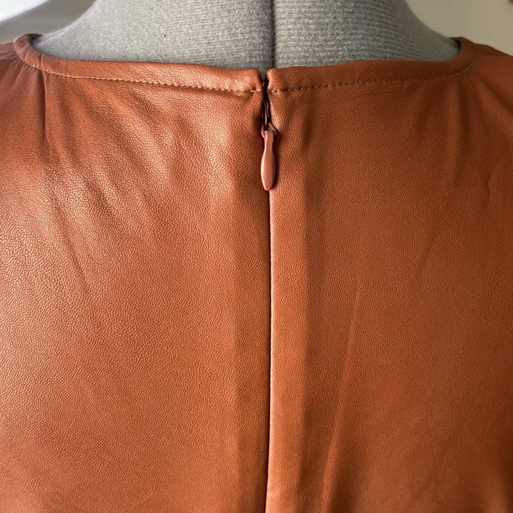 Ann Taylor Loft Cognac Brown Sleeveless Faux Leather Flare Dress - Size 12 - Picture 9 of 12